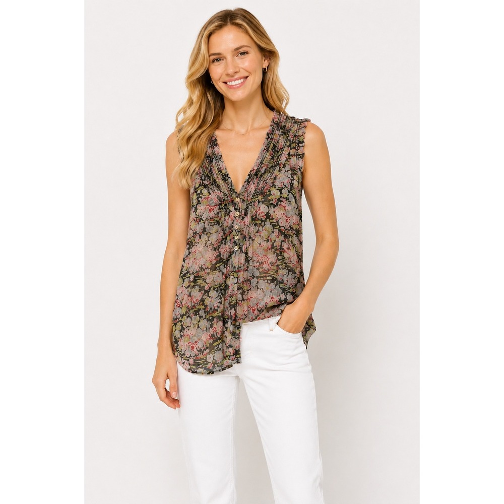 Joie‎ Womens Silk Floral Smocked V-Neck Sleeveless Boho Blouse Multicolor Size S
